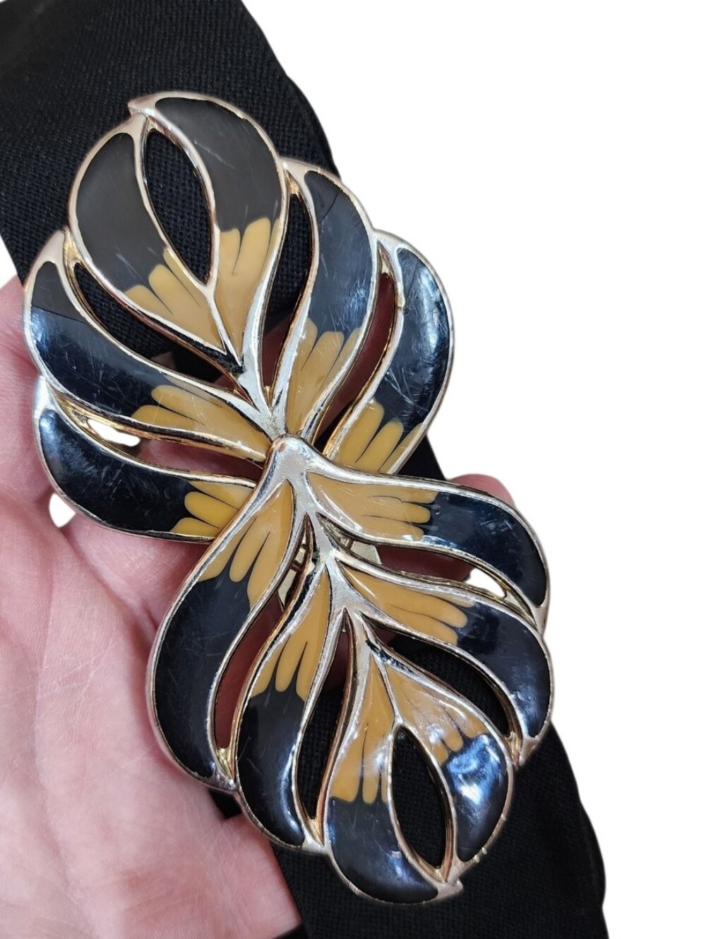 VINTAGE 80s Black Stretch Belt Gold Black Enamel Statement Buckle S/M